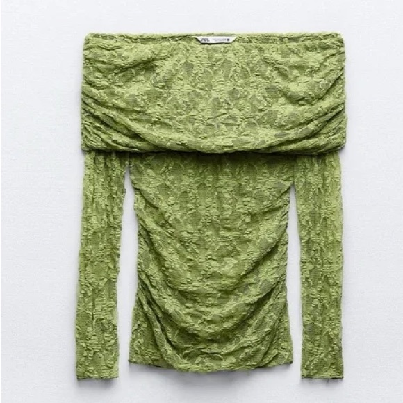 ZARA Off-Shoulder Pistachio Lace Top — Semi Sheer, Ruched, (Sz M, Fits S) - Picture 2 of 10